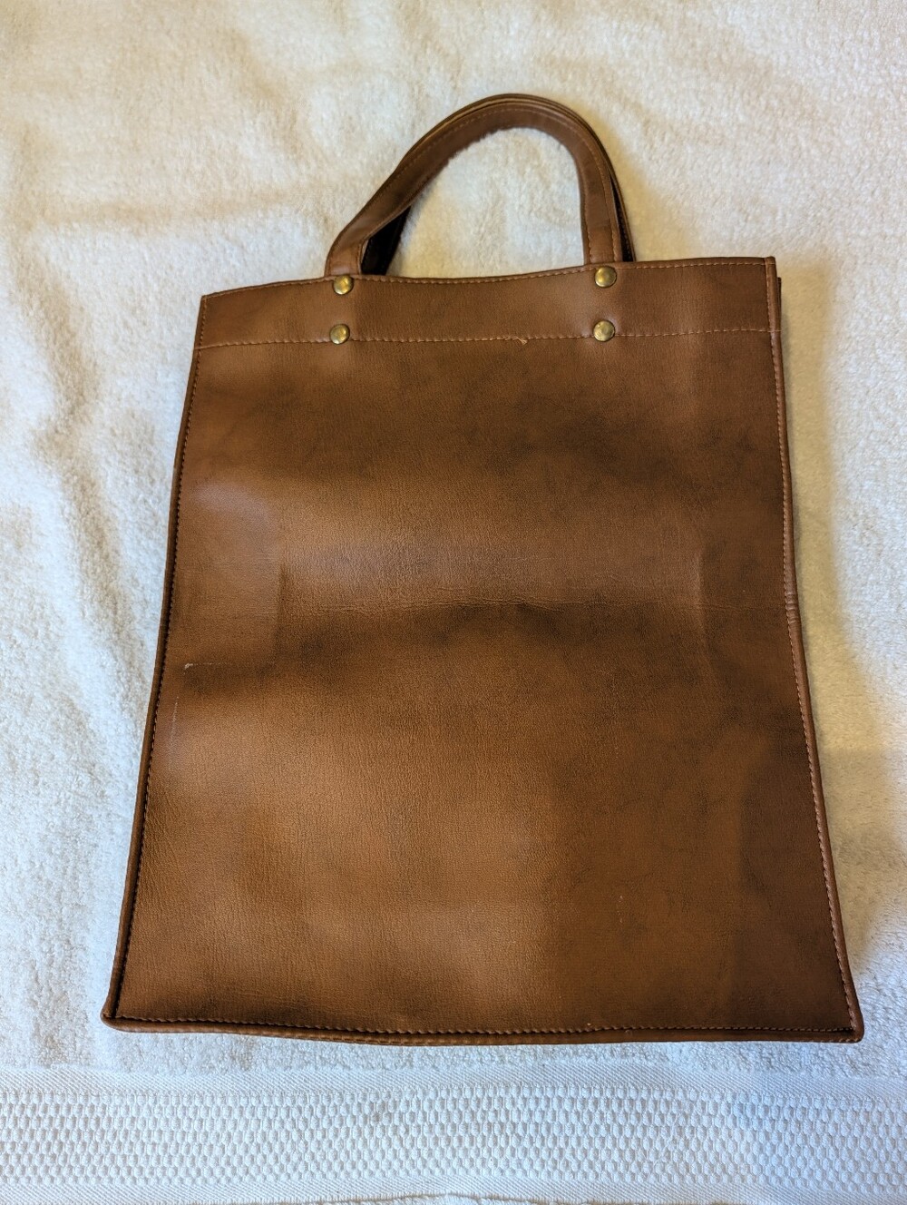 ​Vintage 1976 Polish PRL Cognac Brown Vegan Faux Leather Book Tote Bag Retro
